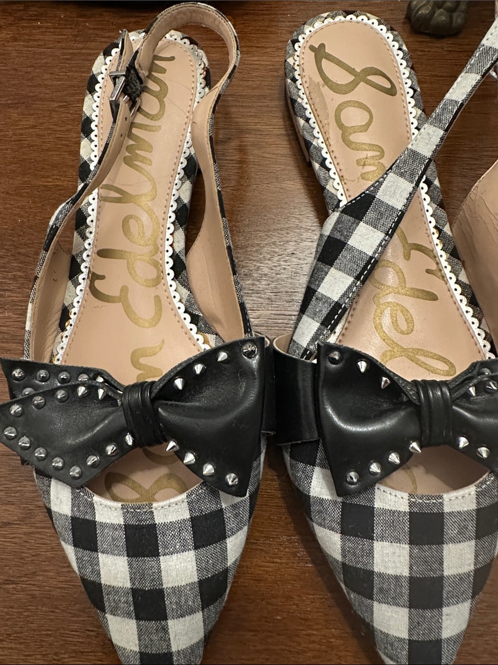 Sam Edelman Black & White Gingham Studded Bow Slingback Flats
